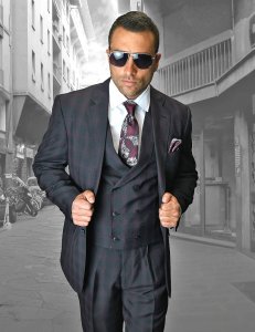 Statement "Spezia" Charcoal Grey / Burgundy Windowpane Super 150's Wool Vested Classic Fit Suit