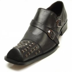 Fiesso Black Genuine Leather Buckle Loafer Shoes With Metal Studs FI6604