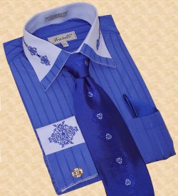 Fratello Royal Blue/Sky Blue With Embroidered Design & Stripes Shirt/Tie/Hanky Set FRS9302P2