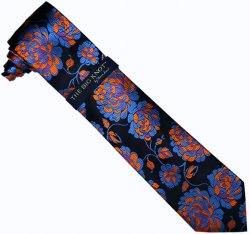 Steven Land Collection "Big Knot" SL132 Black / Ocean Blue / Purple / Rust / Floral Design 100% Woven Silk Necktie/Hanky Set