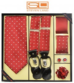 Steven Land G8 Red / White Polka Dot Silk Necktie / Suspender Gift Set