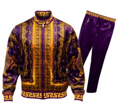 Prestige Purple / Gold Velour Medusa / Greek Design Long Sleeve Jogger Outfit JGS-503