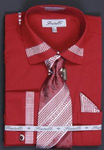 Fratello Burgundy Houndstooth Patch Shirt / Tie / Hanky Set With Free Cufflinks FRV4109P2