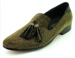 Fiesso Black / Gold Genuine Suede Leather Slip-On Shoes With Rhinestones FI7285.