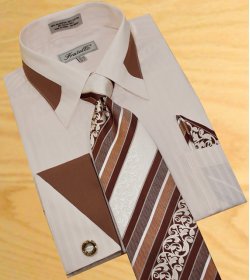 Fratello Taupe Shadow Stripes With Brown Trimming Shirt/Tie/Hanky Set With Free Cuff links FRV4104