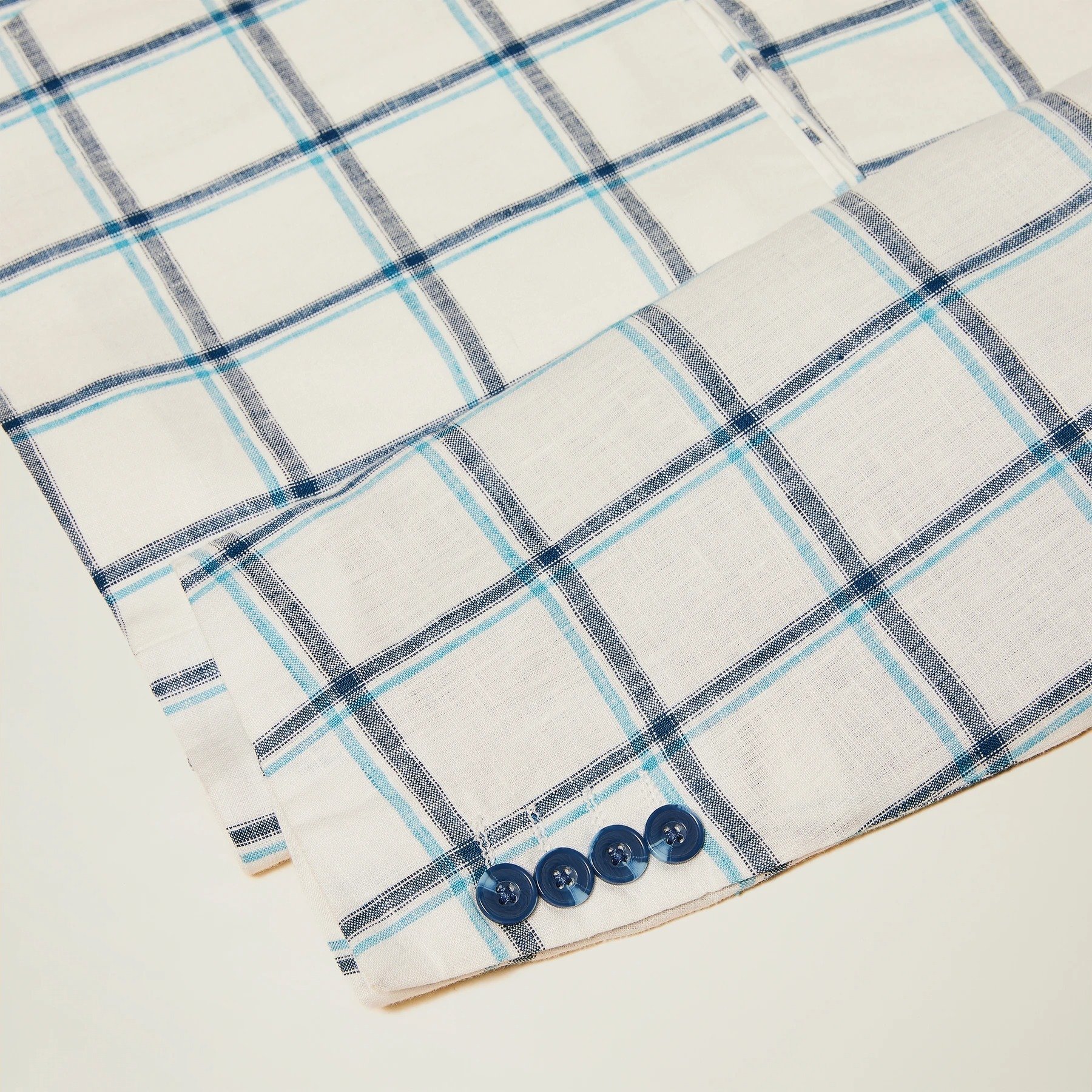 White / Aqua Blue / Navy Window Plaid Linen fabric