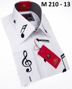 Axxess White / Black Music Note Embroidered Cotton Modern Fit French Cuff Shirt M210-13