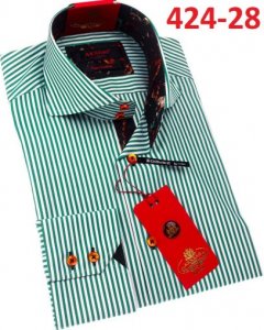 Axxess Green Striped Cotton Modern Fit Dress Shirt With Button Cuff 424-28