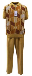 Silversilk Camel / Rust / White Lined Design Half-Zip Pullover Short Sleeve Knitted Outfit 2316