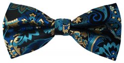 Classico Italiano Turquoise Blue / Aqua Blue / Black Paisley Design 100% Silk Bow Tie / Hanky Set BH2163