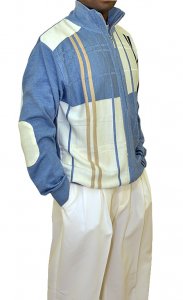 SilverSilk Sky Blue / White / Beige Knitted Front Zipper Stripes Window Panes with White Elbow Patch Sweater 5991