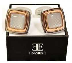 Enzone Silver Plated / Pearl White Rhinestone Square Cufflink Set 4334-2