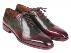 Paul Parkman ''097YL63'' Bordeaux / Green Genuine Hand-Painted Leather Wingtip Oxfords Shoes.