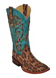 Ferrini Ladies 84293-50 Leopard / Turquoise "Print Leopard " Genuine Leather Cowgirl Boots