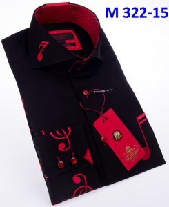 Axxess Black / Red Cotton Music Design Modern Fit Dress Shirt With Button Cuff M322-15.