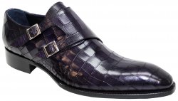 Duca Di Matiste "Vergato" Purple Genuine Calfskin Alligator Print Double Monk Strap Loafer Shoes.