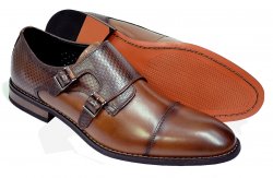 La Milano "Greyson" Cognac Woven Calfskin Leather Cap Toe Double Monk Strap Shoes