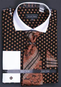 Avanti Uomo Black With Taupe Polka Dot Design 100% Cotton Shirt / Tie / Hanky Set With Free Cufflinks DN47M