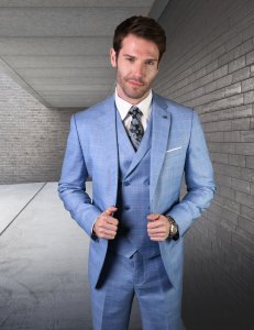 Statement "Angel-6" Light Blue / Purple Windowpane Super 150's Wool Vested Modern Fit Suit