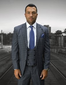 Statement "Ancona" Grey / Black / White / Blue Plaid Super 150's Wool Vested Classic Fit Suit