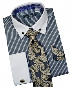 Avanti Uomo Black / White Pinstripe Dress Shirt / Tie / Hanky / Cufflinks / Collar Bar Set DN77M