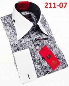 Axxess White / Black Flower Design Cotton Modern Fit Dress Shirt With Button Cuff 211-07.