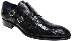Duca Di Matiste "Vergato" Black Genuine Calfskin Alligator Print Double Monk Strap Loafer Shoes.