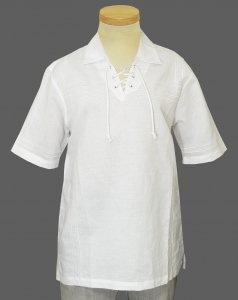 Bagazio White Self-Embroidered Half Tie-Up Cotton Blend Hand-Woven Short Sleeves Shirt BM1522