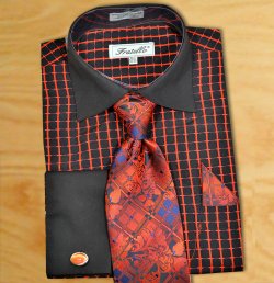 Fratello Red / Black Artistic Design Shirt / Tie / Hanky Set With Free Cufflinks FRV4131P2