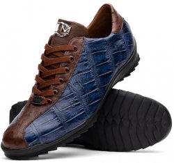 Marco Di Milano "Saulo" Blue Jean Genuine Crocodile And Ostrich Quill Fashion Sneaker