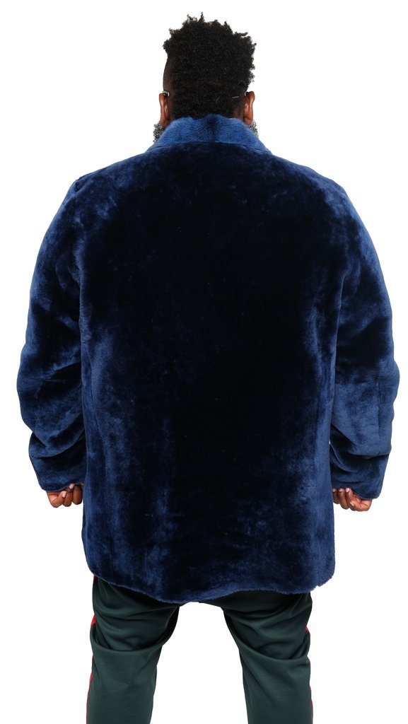 Blue Genuine Sheepskin / Mink Fur 3/4 Shearling Pea Coat 