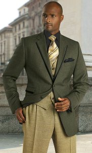 Tayion Collection Olive Green With Black Hand-Pick Stitching Wool Suit 008