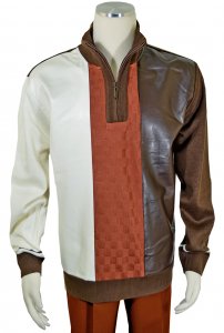 Bagazio Brown / Cream / Cognac PU Leather Quarter Zip Pullover Sweater BM1955