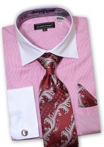 Avanti Uomo Pink / White Woven Design Dress Shirt / Tie / Hanky / Cufflink Set DN74M