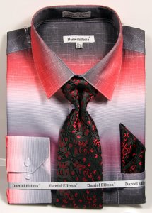 Daniel Ellissa Red / Black / Grey Fade Design Dress Shirt / Tie / Hanky Set DS3795P2