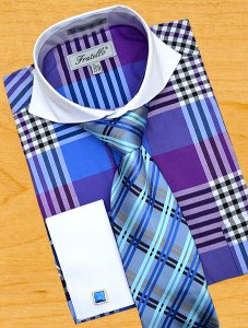 Fratello Purple / Violet / Turquoise Plaid With Spread Collar Dress Shirt/Tie/Hanky Set FRV4116P2