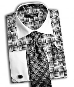 Avanti Uomo White / Black Geometric Design Shirt / Tie / Hanky / Cufflink Set DN79M