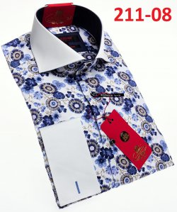 Axxess White / Navy Flower Design Cotton Modern Fit Dress Shirt With Button Cuff 211-08.