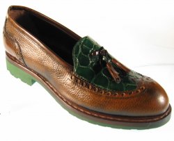 Mauri Green / Brown Genuine Alligator / Pebble Calf Loafers Shoes.