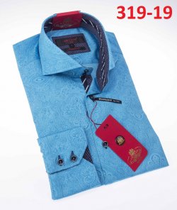 Axxess Aqua Blue Paisley Cotton Modern Fit Dress Shirt With Button Cuff 319-19.