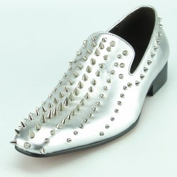 Fiesso Silver Leather Loafers With Spikes FI7107.