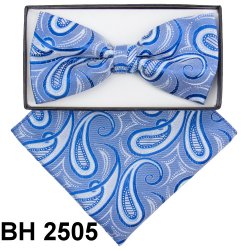 Classico Italiano Light Blue / Royal Blue / Silver Grey Paisley Design 100% Silk Bow Tie / Hanky Set BH2505