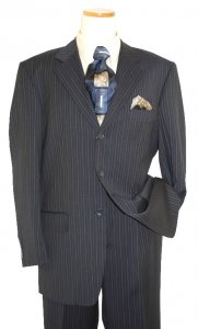 Mantoni Navy Blue with Eggshell and Powder Blue Pinstripes Super 140's 100% Virgin Wool Suit 44104