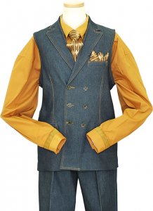Il Canto Blue 100% Cotton Denim Vested Suit With Cognac Hand-Pick Stitching 9028