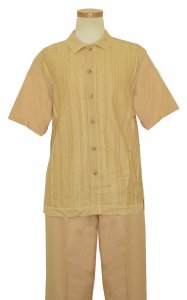 Silversilk Beige Self Design Button Up 2 Piece Short Sleeve Knitted Outfit 9346