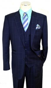 Extrema Navy / Chalk White Windowpane Super 150's Wool Vested Wide Leg Suit D5810