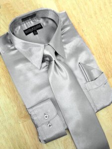 Daniel Ellissa Satin Silver Grey Dress Shirt/Tie/Hanky Set