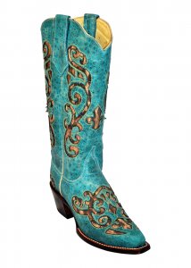 Ferrini Ladies 84261-50 Turquoise "Print Leopard Inlay" Genuine Leather Cowgirl Boots