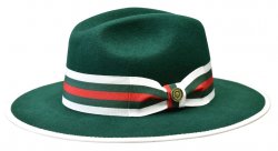Bruno Capelo Dark Green / White / Red Wool Flat Brim Fedora Dress Hat WE-979