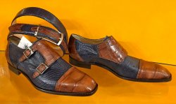Mauri 4560/1 Cognac / Navy Genuine Crocodile / Iguana With Two Monk Strap Loafer Shoes.